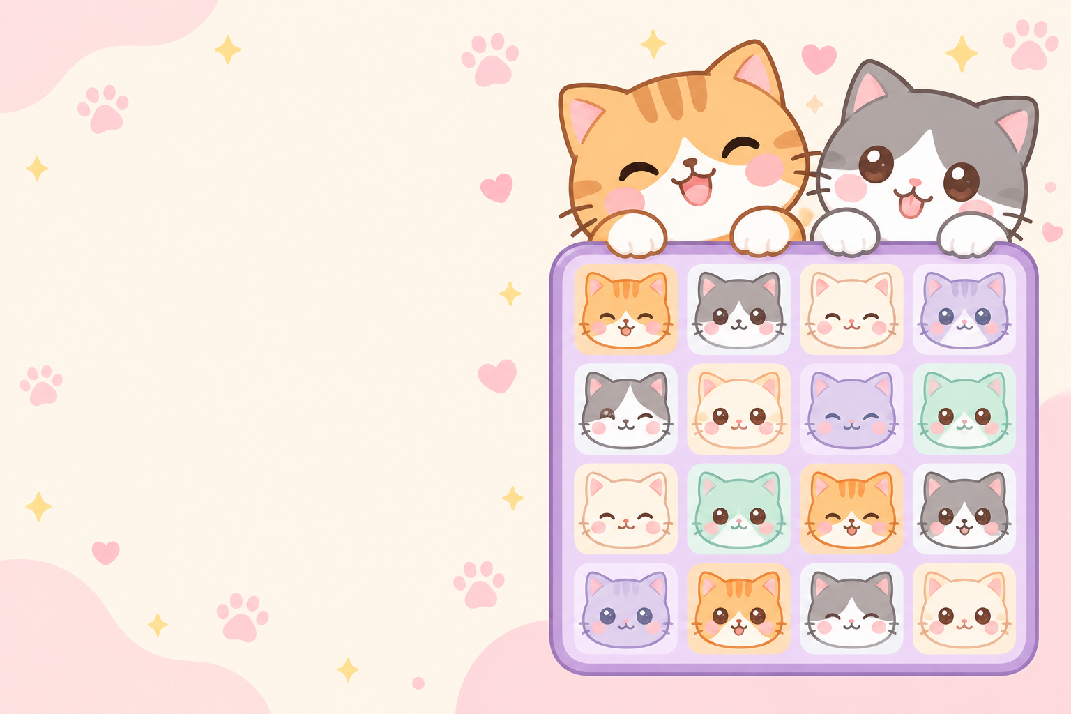 Two cats peeking over a pastel grid of cat faces